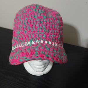 Pink And Teal Crochet Hat Glow&Dark Stripes